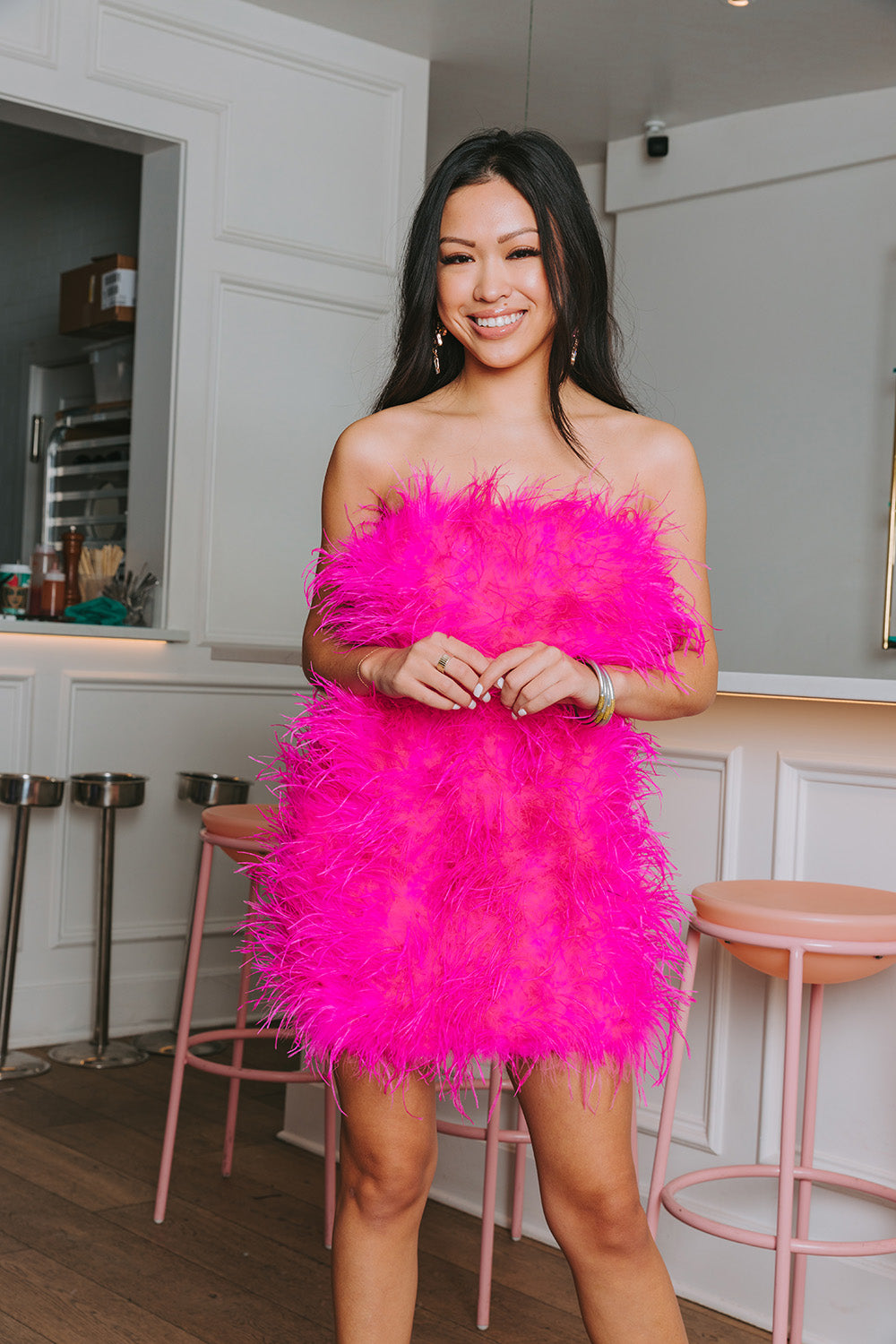 Hot Pink Feather Sleeveless Homecoming Dress