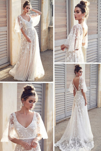 Trendy White Lace V Back High Quality Wedding Dresses