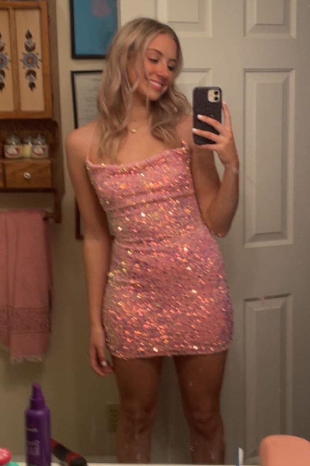 Cute Pink Sequin Tight Homecoming Dress