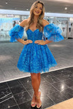 Blue Bubble Sleeves A-Line Homecoming Dress
