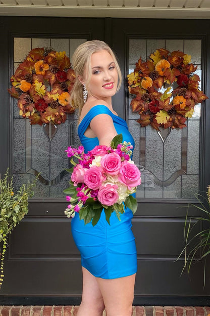 Off The Shoulder Blue Bodycon Satin Homecoming Dress