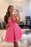 Pink V-Neck Sequins Short Prom Dresses, Spaghetti Straps A-Line Party Dresses