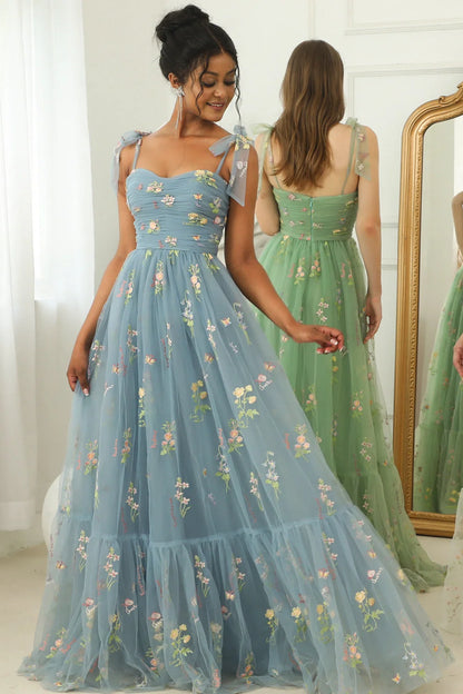 Embroidery Tulle Long Prom Dress