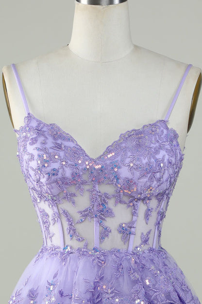 Women Sequins Purple Short Homecoming Dress A-Line Sparkly Spaghetti Straps Cocktail Dress