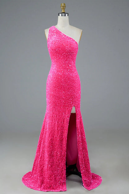 One Shoulder Sequin Long Prom Dress