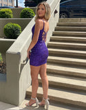 LTP1771,Purple Sequined Homecoming Dresses, V-Neck Backless Graduation Dress