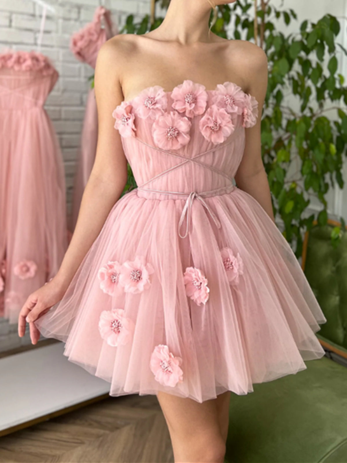 Pink Strapless Flowers 3D Tulle Homecoming Dress