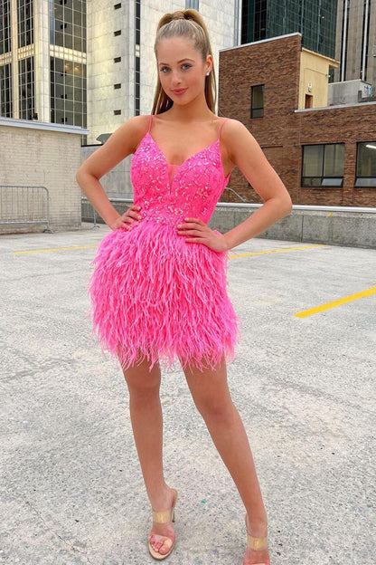 Spaghetti Straps V-Neck Applique Feather Homecoming Dress