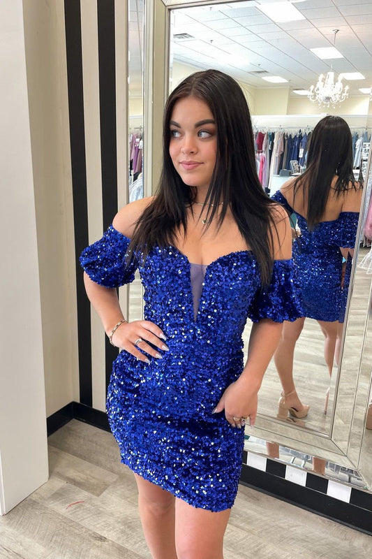 Blue Sequin Off The Shoulder School Homecoming Dress