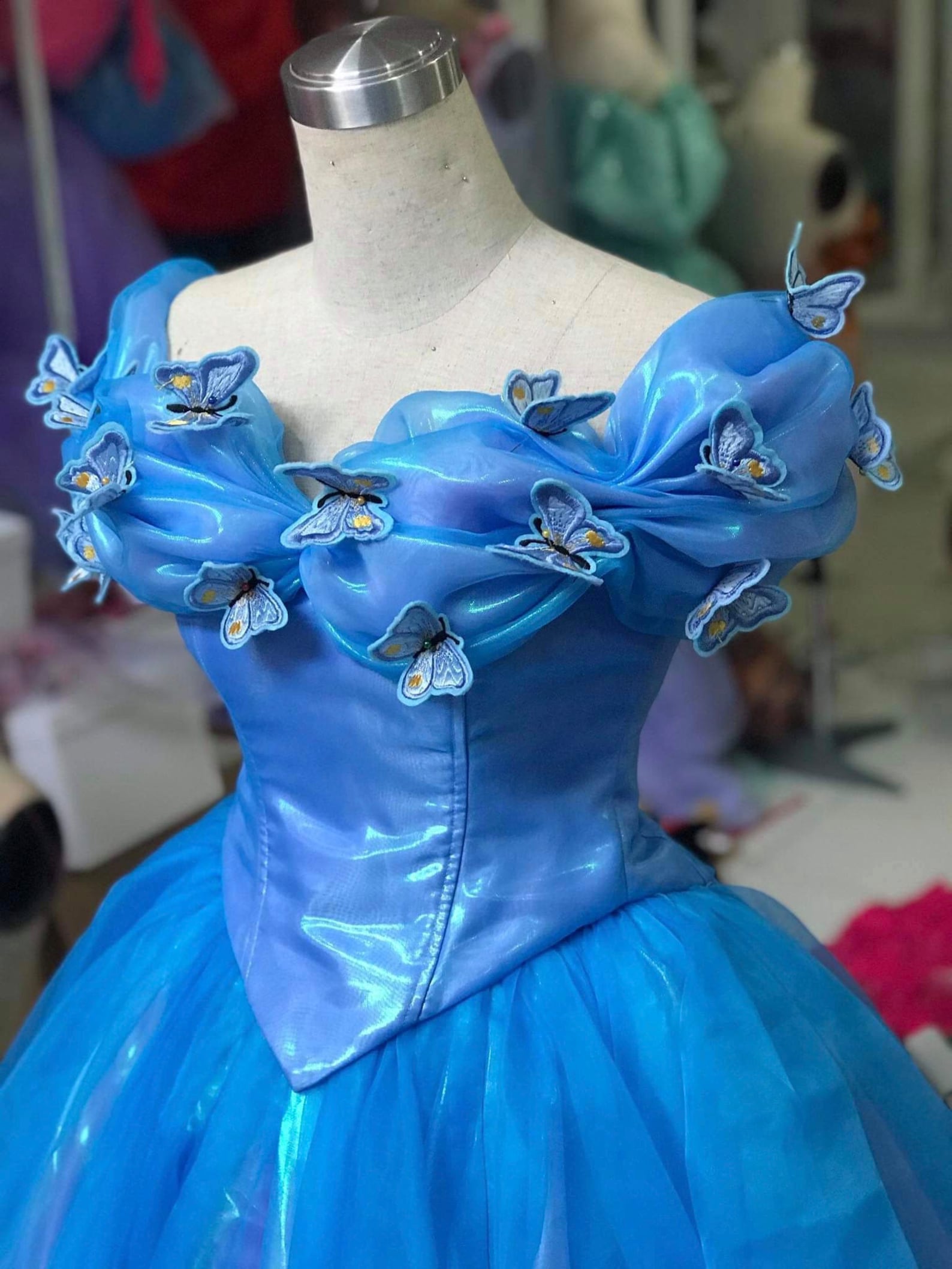 Cap Sleeve Ball Gown Blue Cinderella Dress Organza Birthday Dress