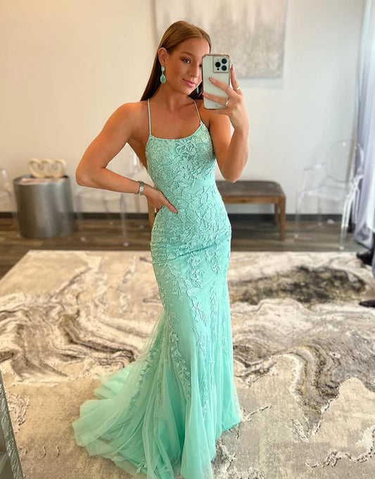 Mermaid Tulle Appliques Lace Evening Prom Dress