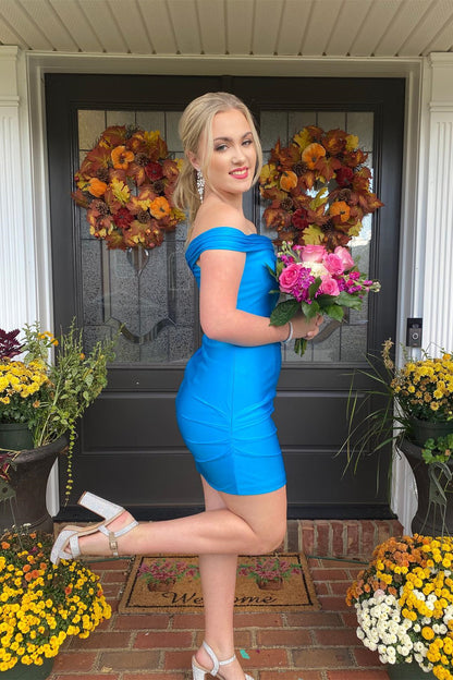 Off The Shoulder Blue Bodycon Satin Homecoming Dress