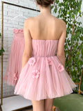 Pink Strapless Flowers 3D Tulle Homecoming Dress