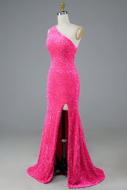 One Shoulder Sequin Long Prom Dress