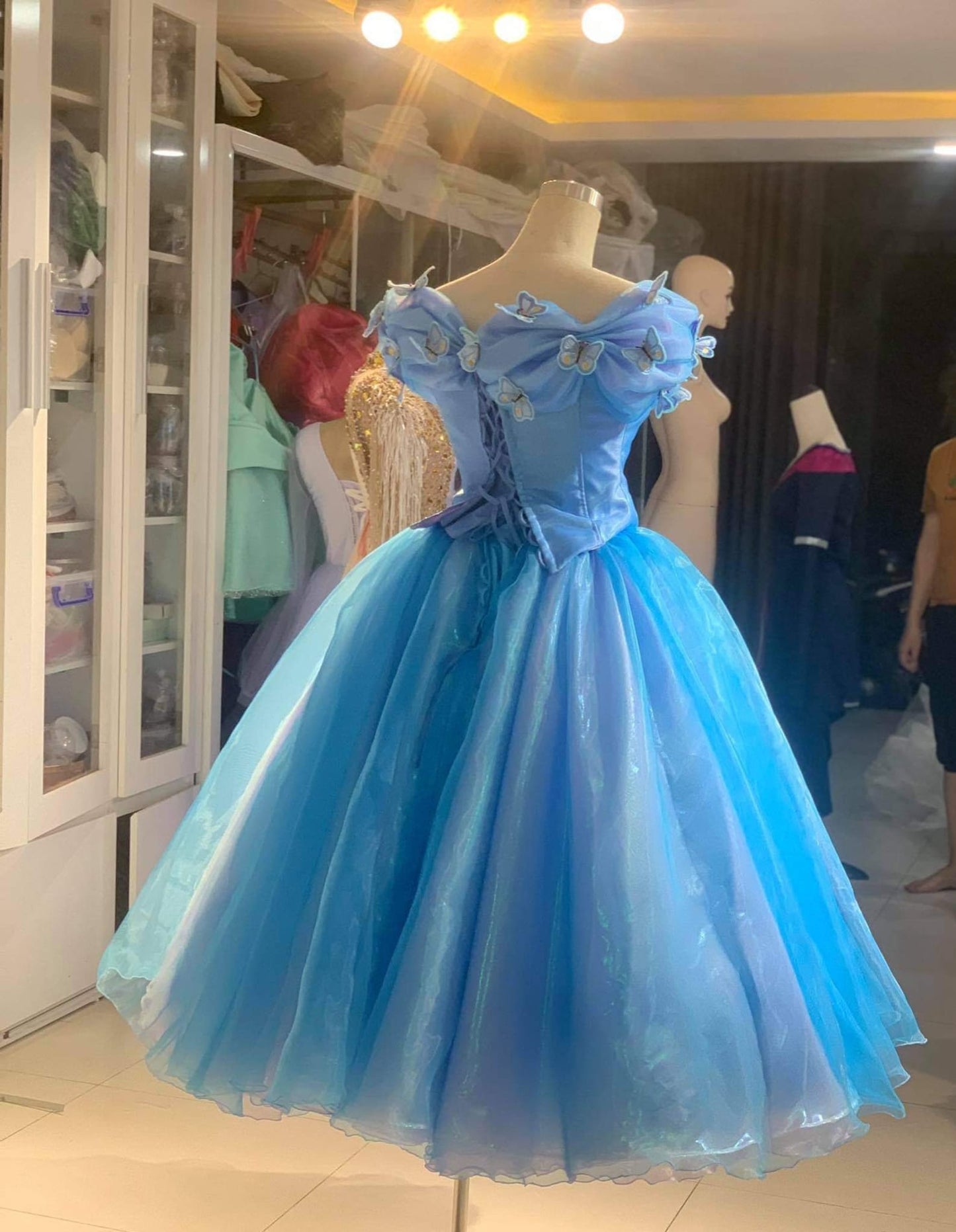 Cap Sleeve Ball Gown Blue Cinderella Dress Organza Birthday Dress