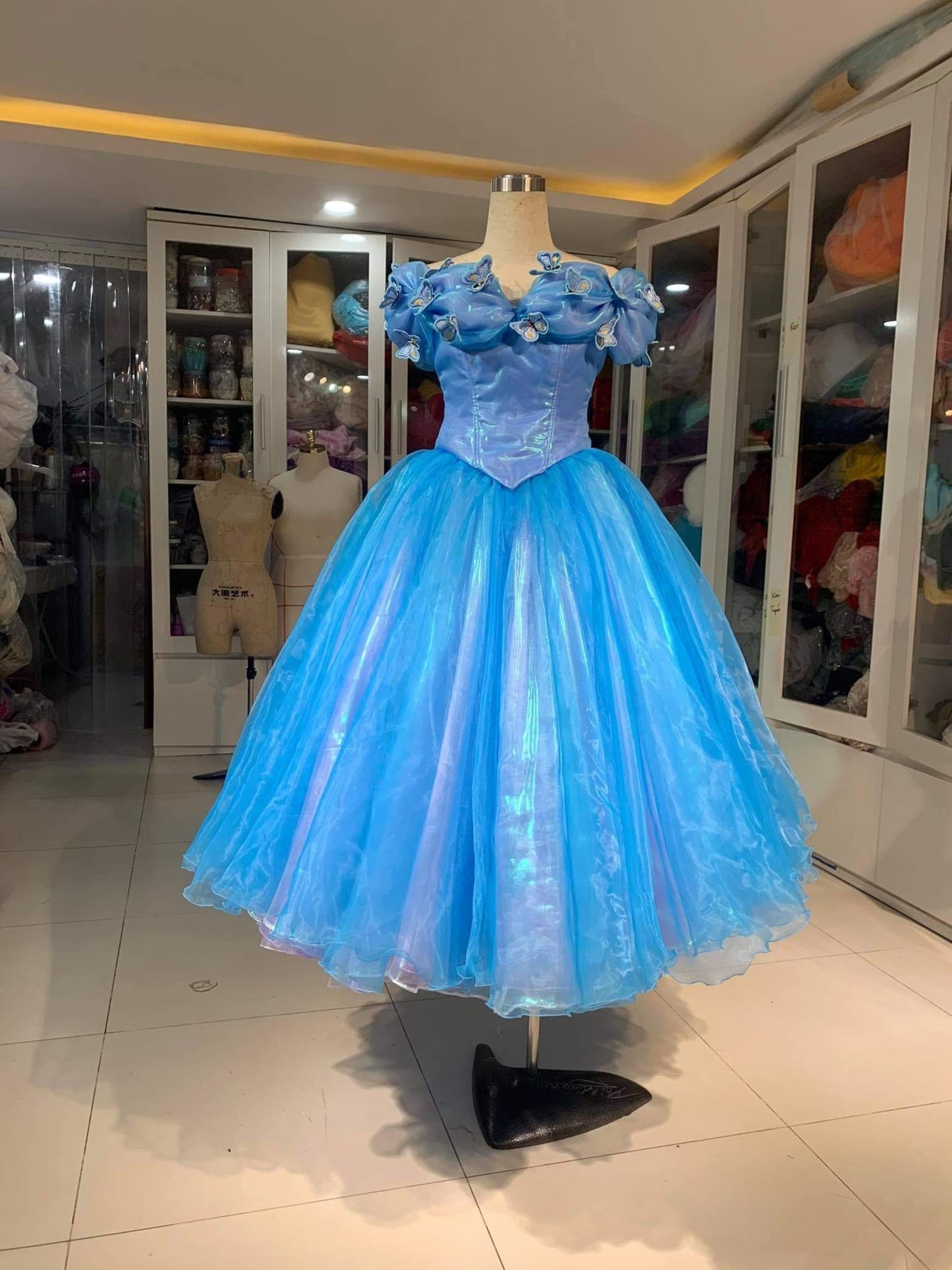 Cap Sleeve Ball Gown Blue Cinderella Dress Organza Birthday Dress