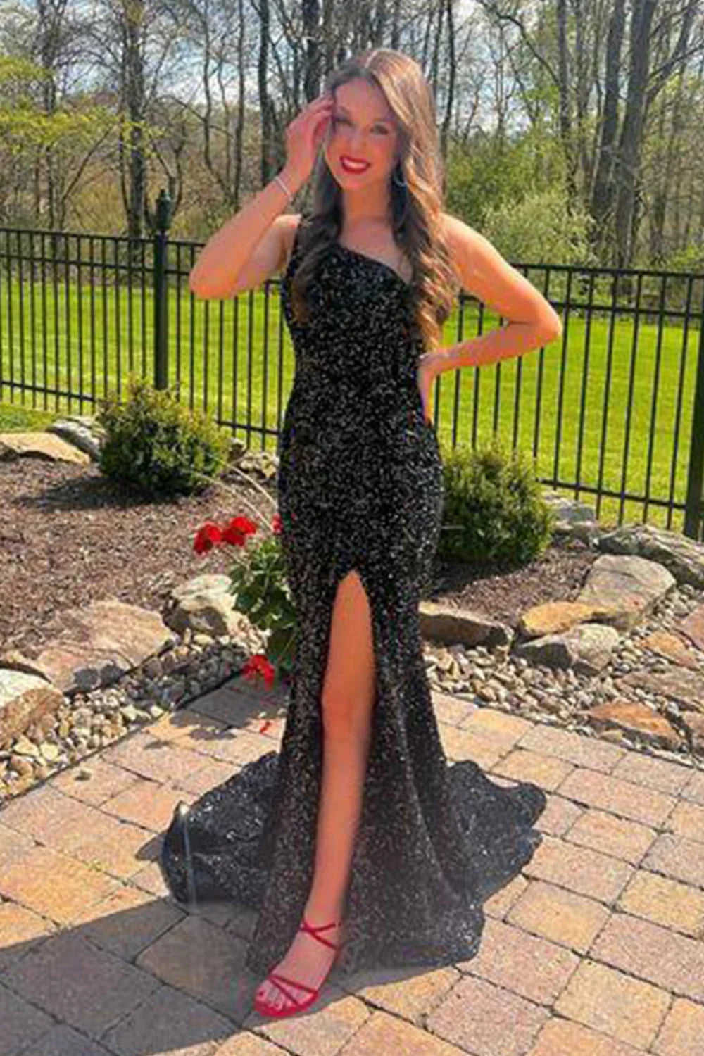 One Shoulder Sequin Long Prom Dress