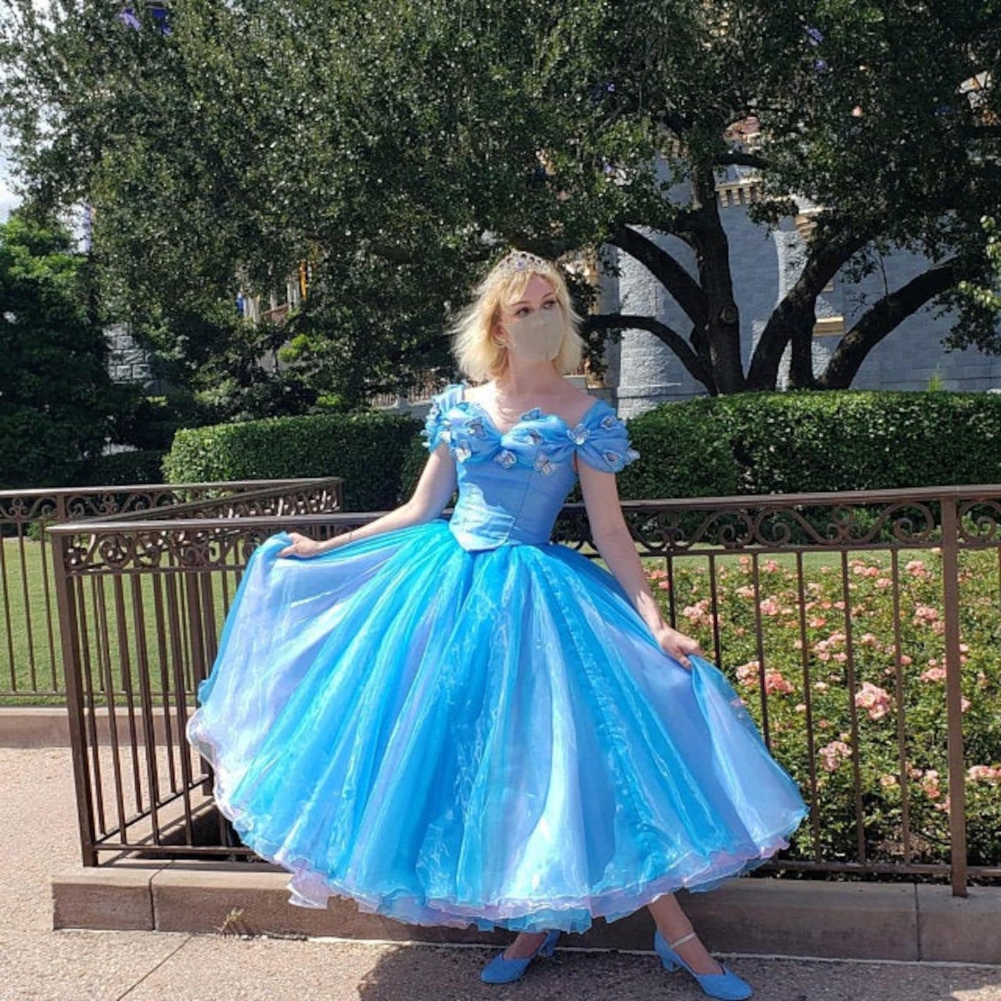 Cap Sleeve Ball Gown Blue Cinderella Dress Organza Birthday Dress