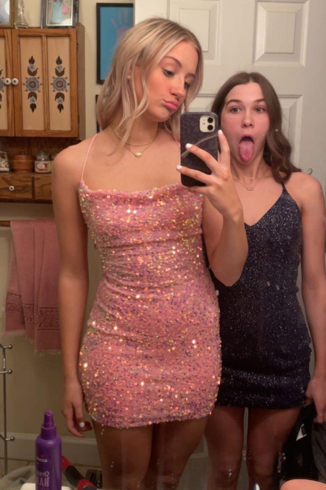 Cute Pink Sequin Tight Homecoming Dress