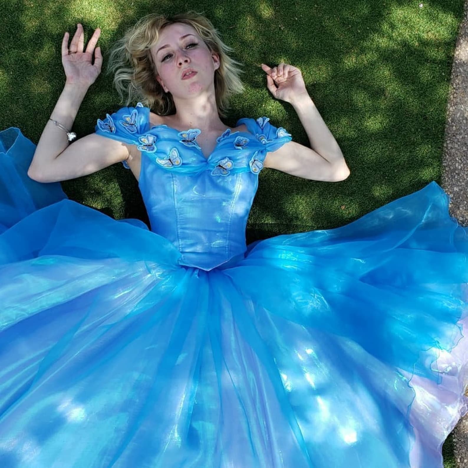 Cap Sleeve Ball Gown Blue Cinderella Dress Organza Birthday Dress