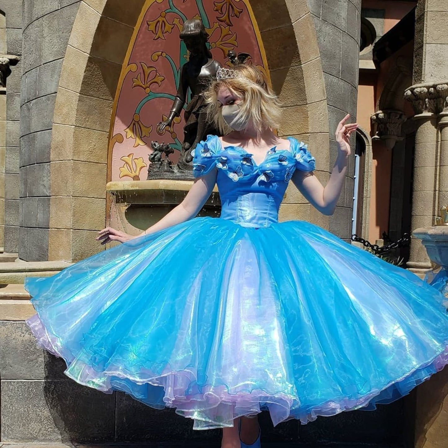 Cap Sleeve Ball Gown Blue Cinderella Dress Organza Birthday Dress