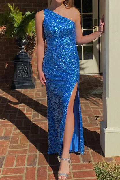 One Shoulder Sequin Long Prom Dress