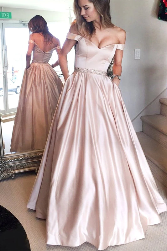 Off The Shoulder Pink A-Line Satin Prom Party Dress