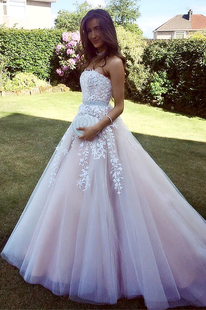 Strapless Appliques Tulle A-Line Prom Dress