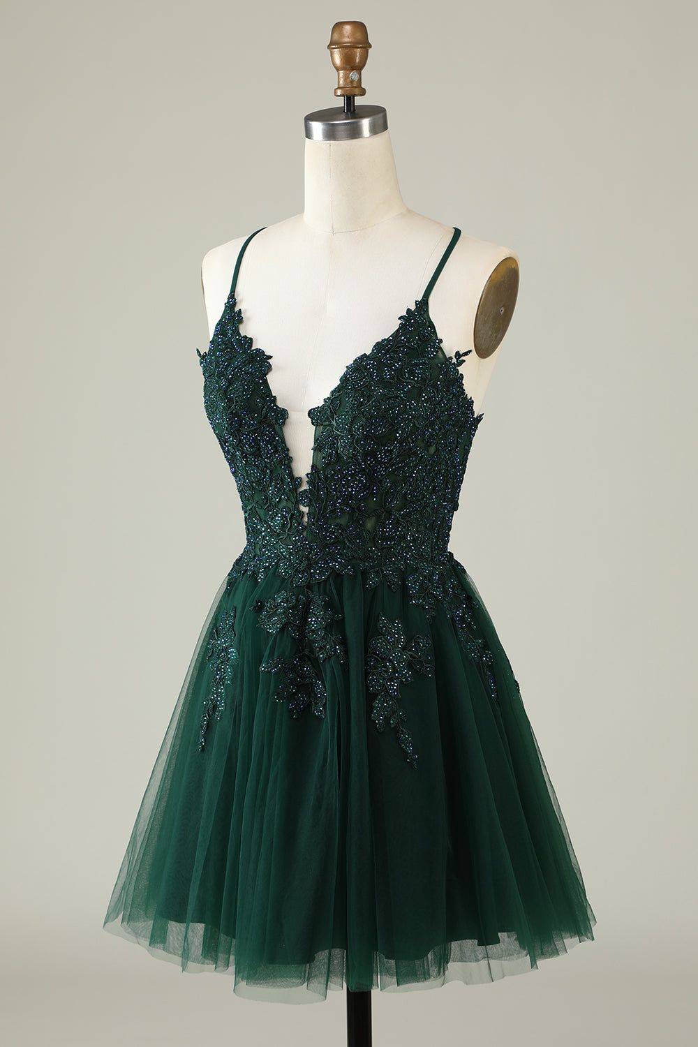 Dark Green Applique Beaded V-Neck Homecoming Dress Tulle Mini Party Dress
