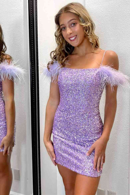 Lilac Sequins Spaghetti Straps Mini Homecoming Dresses Tight With Feather