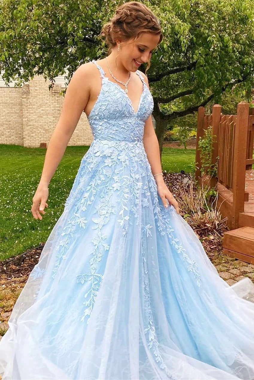 Light Blue Applique Tulle Prom Dress