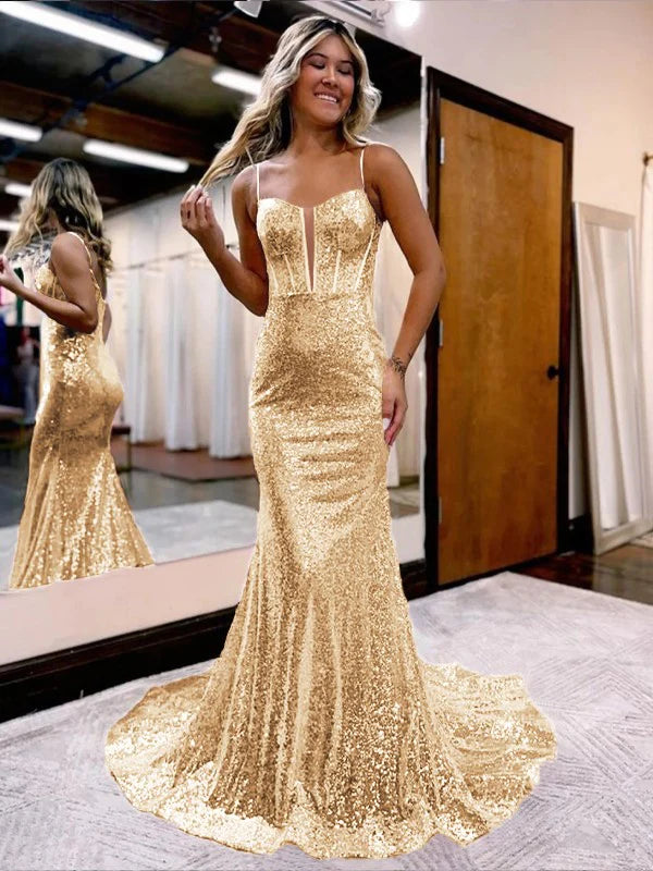 Spaghetti Straps Mermaid Sequins Long Evening Prom Dress