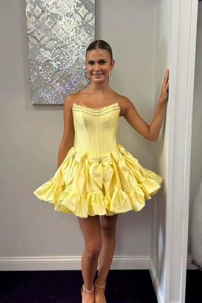 Strapless Black Beaded Short Homecoming Dress with Bow