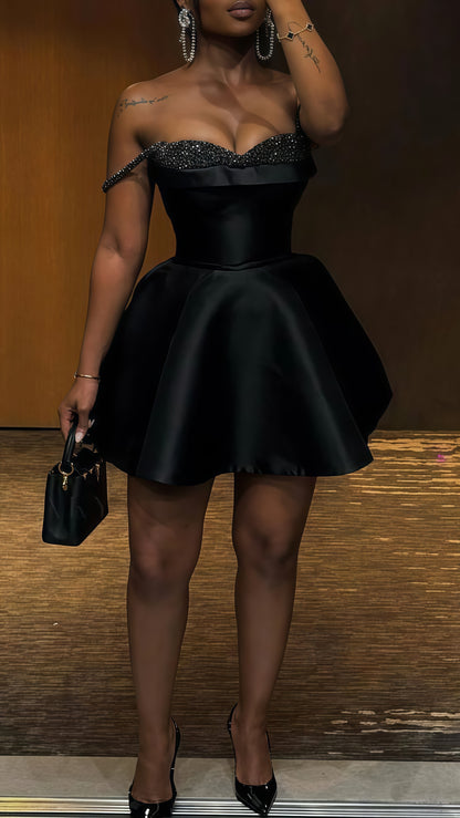 Black A-Line Homecoming Dresses, Off The Shoulder Beaded Mini Party Dress, LTP3761