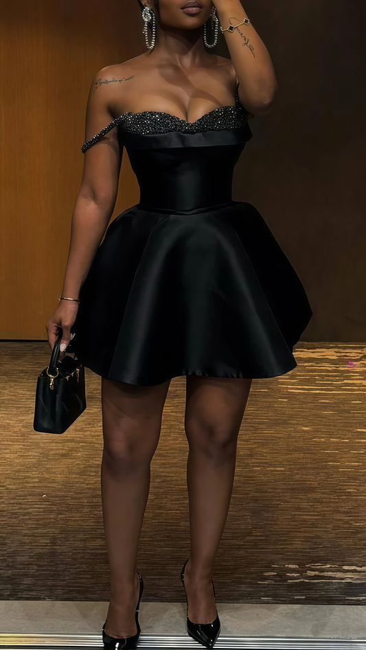Black A-Line Homecoming Dresses, Off The Shoulder Beaded Mini Party Dress, LTP3761