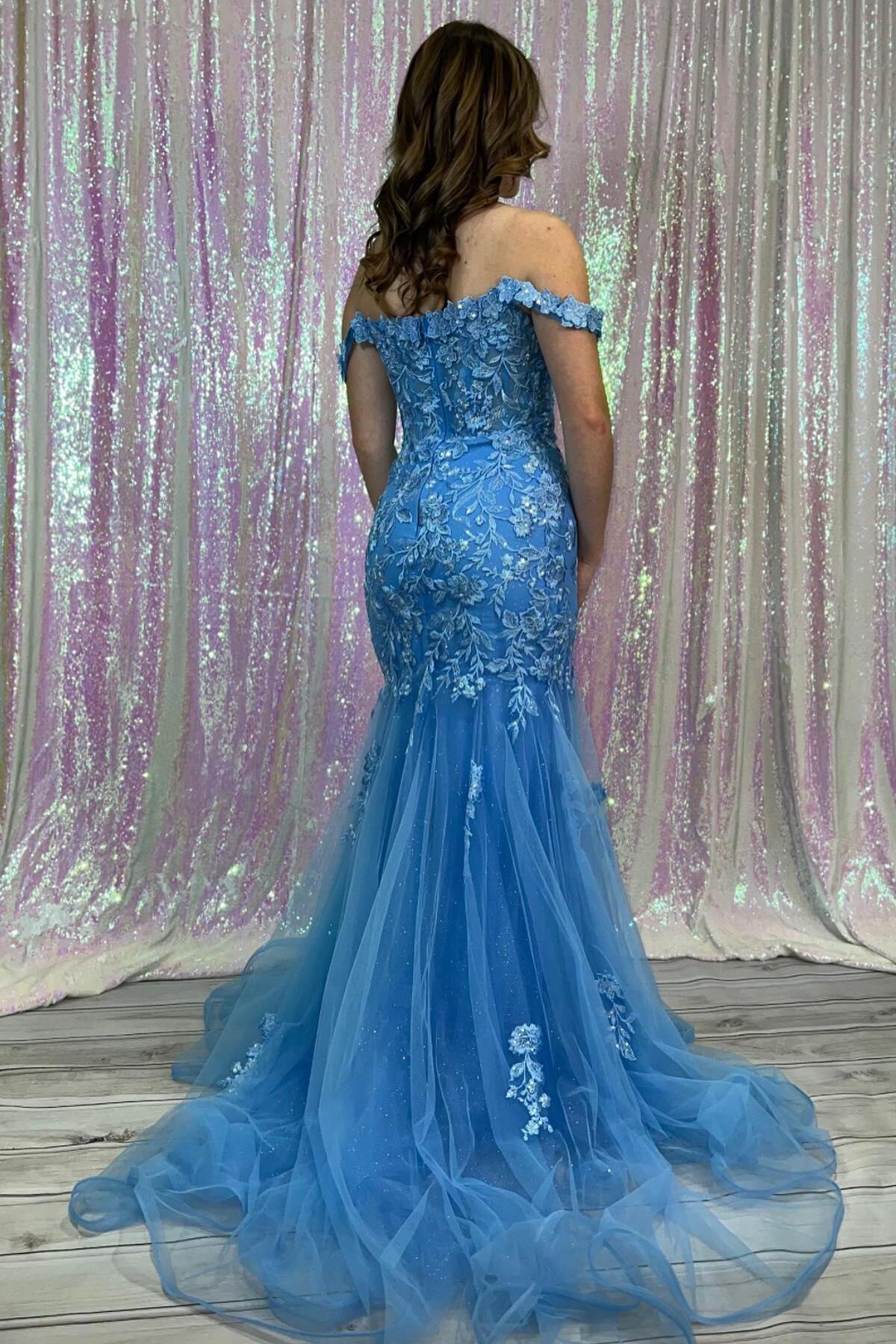 Off the Shoulder Blue Lace Appliques Mermaid Prom Dress