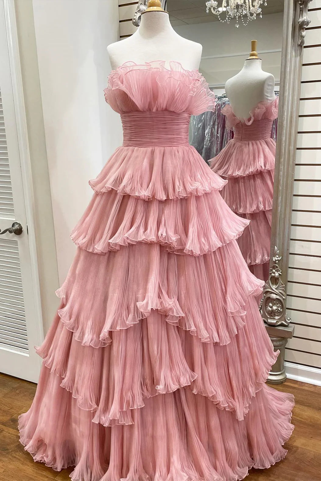 Ruffles Pleated A-Line Organza Long Prom Dresses