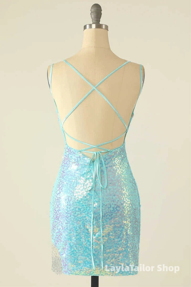 Light Blue Sequin Lace-Up Mini Homecoming Dress LTP82648