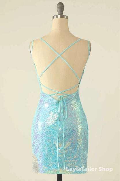 Light Blue Sequin Lace-Up Mini Homecoming Dress LTP82648