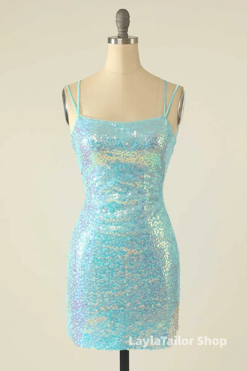 Light Blue Sequin Lace-Up Mini Homecoming Dress LTP82648