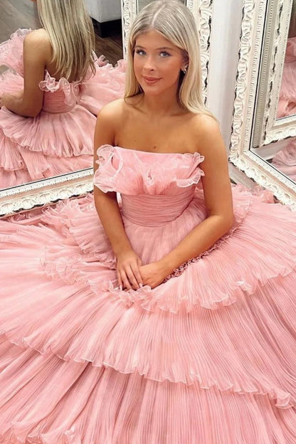 Ruffles Pleated A-Line Organza Long Prom Dresses