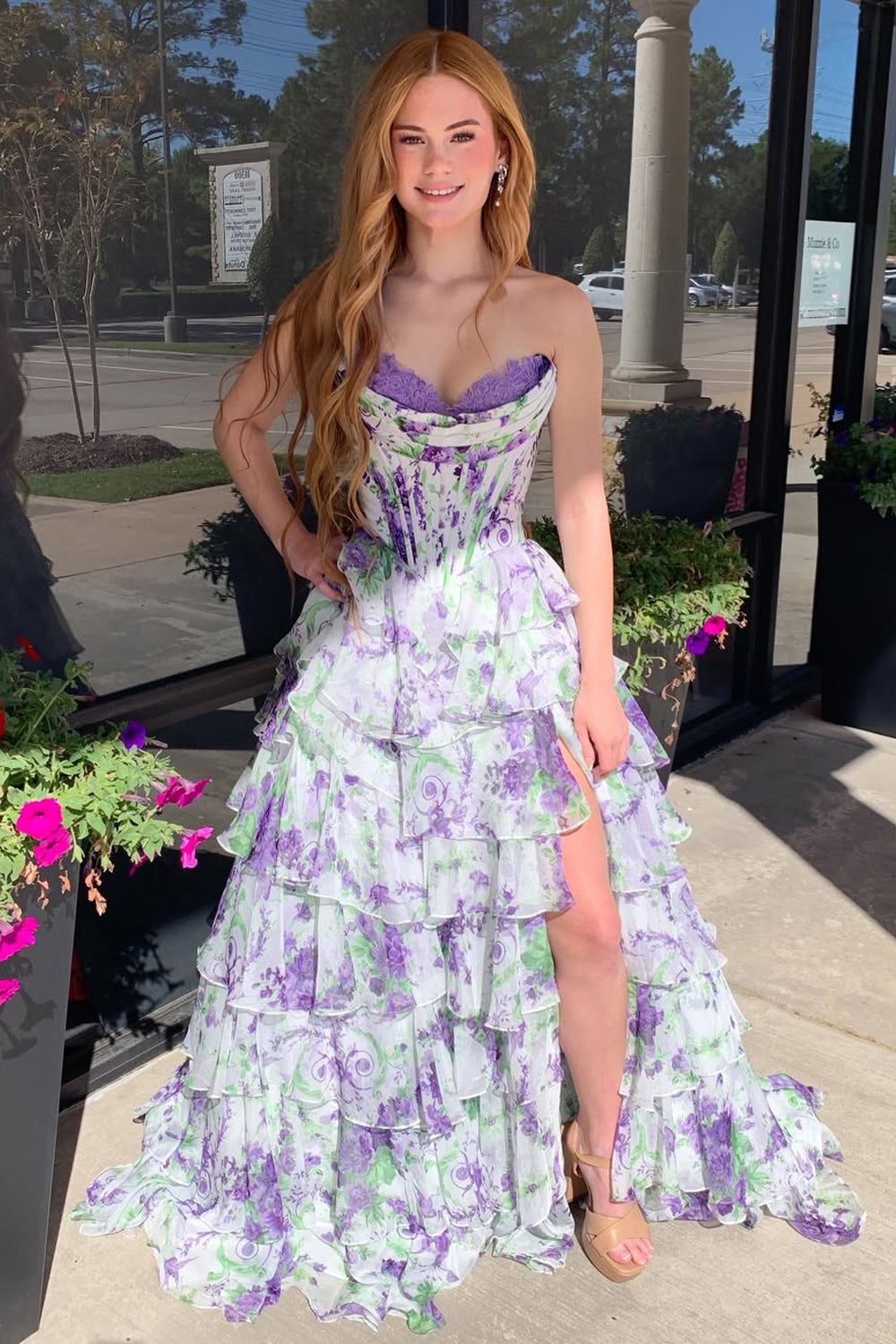 Cute A Line Sweetheart Blue Floral Chiffon Tiered Prom Dress with Slit