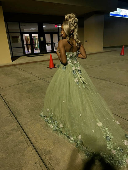 Green Strapless Long Prom Dress with Appliques