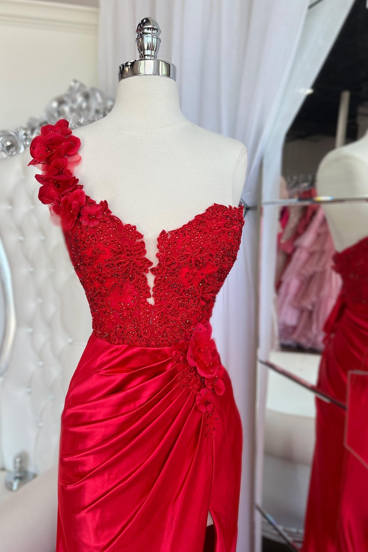 One Shoulder Red Appliques Ruched Long Formal Dress