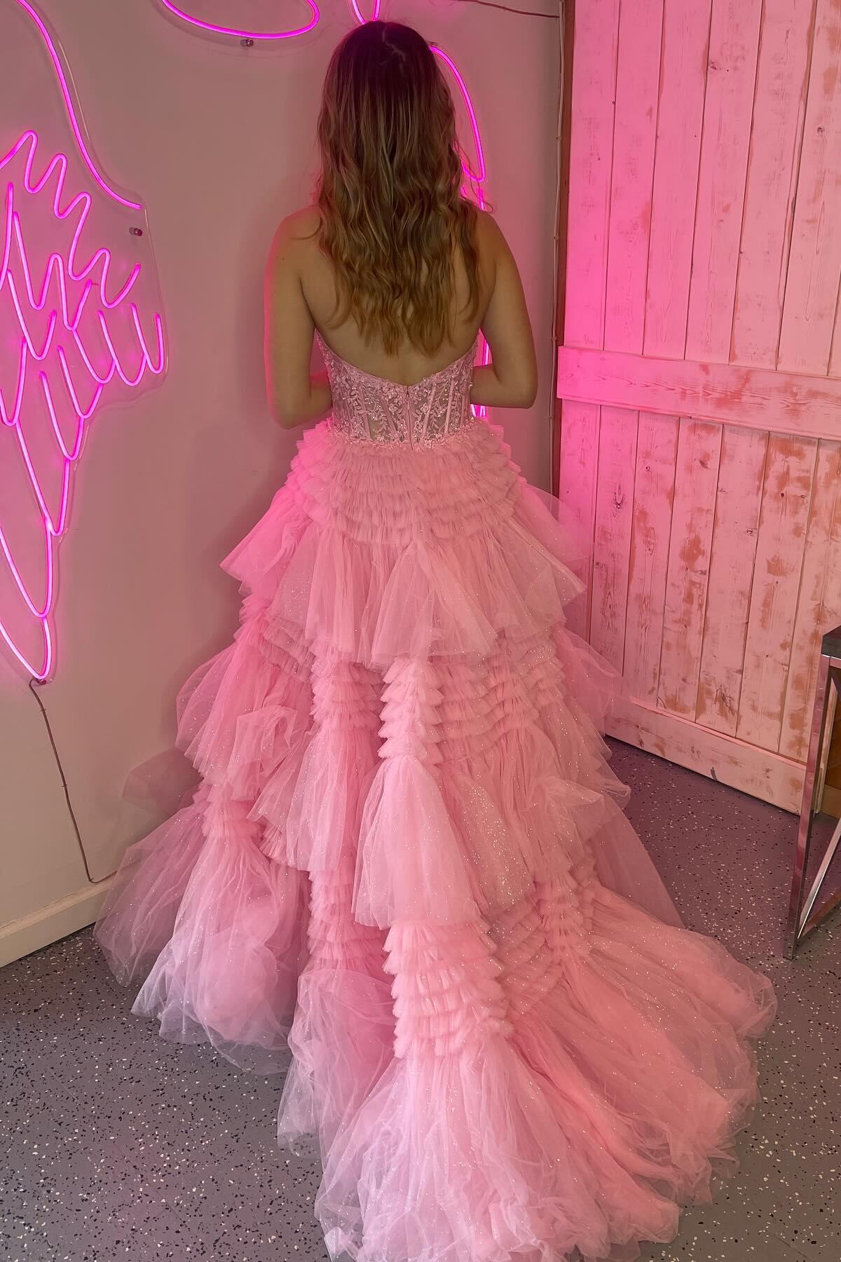 Halter Pink Appliques and Tulle Tiered Formal Dress