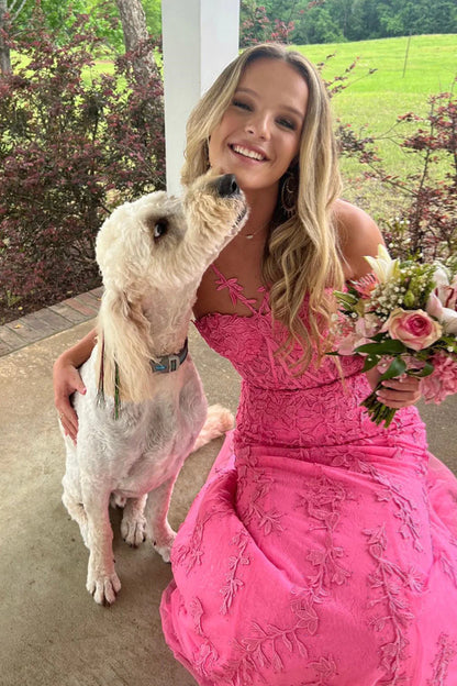 Pink Appliques Mermaid Beaded Long Prom Dress