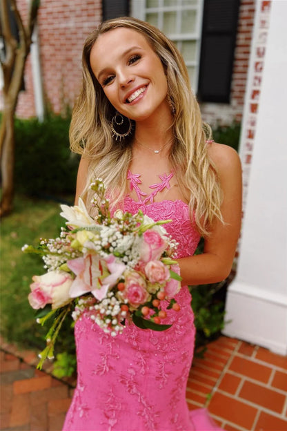 Pink Appliques Mermaid Beaded Long Prom Dress