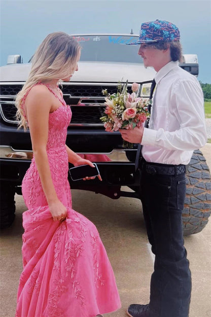 Pink Appliques Mermaid Beaded Long Prom Dress