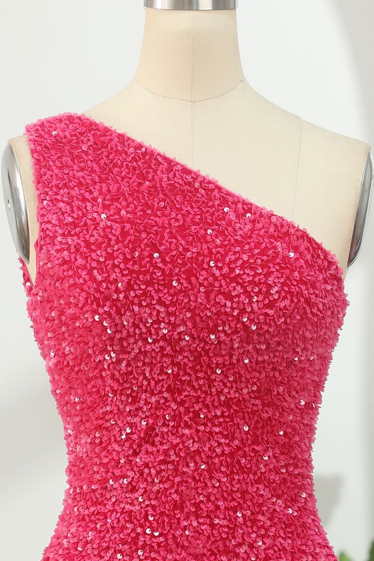 One Shoulder Open Back Sequin Hot Pink Homecoming Dress