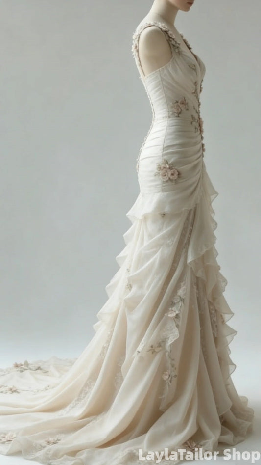 LaylaTailor Shop Ivory Vintage Floral Long Tulle Ball Gown Wedding Dress,LTP3684